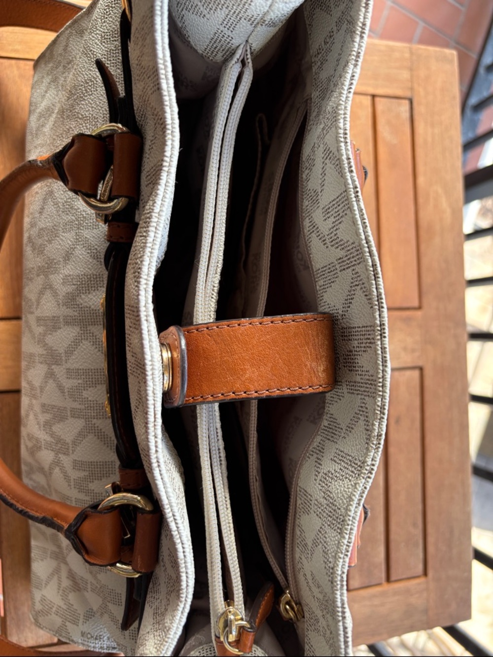 Michael Kors Beige Logo Tote with Brown Leather Handles - Picture 15 of 16